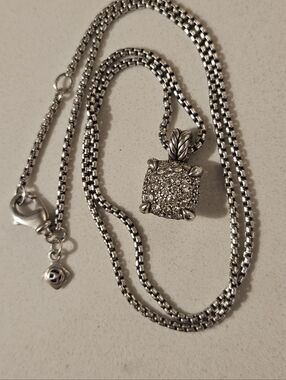 David Yurman Sterling Silver Pavé Diamond Cluster Pendant Box Chain Necklace 18"